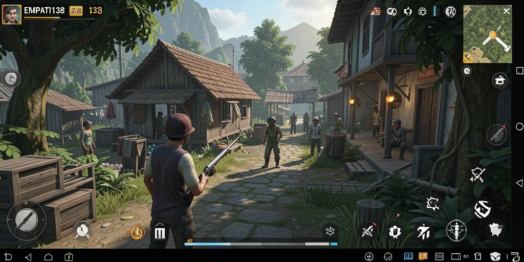Tampilan gameplay EMPATI138 yang menampilkan interaksi karakter dalam simulasi kehidupan.