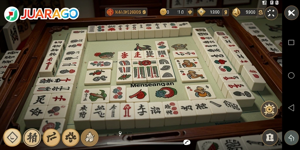 Screenshot gameplay JUARAGO menampilkan suasana permainan Mahjong yang menarik.